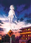  1girl barefoot building children&#039;s_project clouds cloudy_sky full_body hair_over_one_eye highres non_(mangaka) road_sign shirt short_shorts shorts sign sky smile solo standing_on_object t-shirt transparent tree 