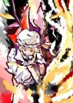  1girl blonde_hair crystal fangs fire flandre_scarlet frilled_skirt frilled_sleeves frills fufuyomumusu hat hat_ribbon highres holding holding_weapon laevatein_(touhou) looking_at_viewer mob_cap open_mouth pointy_ears puffy_short_sleeves puffy_sleeves red_eyes red_ribbon ribbon short_sleeves side_ponytail skirt smoke solo touhou weapon white_headwear wings 