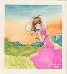  1girl animal_ears autumn brown_eyes brown_hair carrot_necklace closed_mouth dated dress frilled_sleeves frills from_side grass highres inaba_tewi jewelry long_dress looking_at_viewer looking_to_the_side medium_hair mountainous_horizon neck_ribbon necklace outdoors painting_(medium) pink_dress puffy_short_sleeves puffy_sleeves rabbit_ears ribbon shin1ar24 shiny shiny_hair short_sleeves smile solo touhou traditional_media watercolor_(medium) white_ribbon 