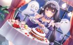  1girl bare_shoulders black_hair blush breasts dress flower food ghost hair_ornament holding holding_food indoors lolita_fashion long_hair looking_at_viewer original shiono_(0303) table violet_eyes 