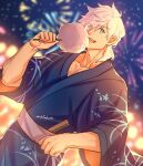 1boy absurdres bangs blue_eyes blue_kimono blurry blurry_background cotton_candy eating fate/grand_order fate_(series) fireworks food highres holding holding_food japanese_clothes kimono looking_at_viewer male_focus muscular muscular_male night night_sky open_mouth pectoral_cleavage pectorals percival_(fate) short_hair sky smile solo summer_festival twitter_username white_hair yaekaidou yukata 