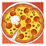  1other among_us cheese chili_pepper commentary crewmate_(among_us) food food_focus highres lying on_food oversized_food pepperoni pizza plate solo symbol-only_commentary tenmiyakiyo white_(among_us) 
