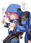 2girls arknights blue_eyes blue_hair blue_jacket blue_poison_(arknights) blush candy commentary eye_contact face-to-face food glaucus_(arknights) grey_hair hand_on_another&#039;s_cheek hand_on_another&#039;s_face holding holding_candy holding_food holding_lollipop hood hooded_jacket jacket lollipop long_sleeves looking_at_another multicolored_hair multiple_girls open_mouth pink_hair sign streaked_hair tsuyuki_yuki white_background yuri