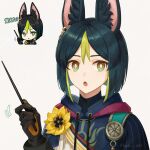  1boy :o animal_ear_fluff animal_ears bangs black_hair flower fox_boy fox_ears genshin_impact genshin_impact_sticker_redraw_(meme) gloves green_eyes green_hair highres holding hood hoodie izuki_111 male_focus meme multicolored_eyes multicolored_hair open_mouth short_hair tighnari_(genshin_impact) wand 