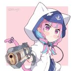  1girl angry animal_ears animal_hood apex_legends b3_wingman bangs blue_hair blue_skirt blunt_bangs blush_stickers braid cat_ears cat_girl cat_hood cat_tail chibi commentary determined english_commentary gun handgun highres holding holding_gun holding_weapon hololive hood hooded_jacket jacket kukie-nyan long_hair looking_at_viewer minato_aqua multicolored_hair open_clothes open_jacket pantyhose purple_hair ribbon skirt solo streaked_hair tail tail_ornament tail_ribbon twin_braids twitter_username two-tone_hair v-shaped_eyebrows violet_eyes virtual_youtuber weapon white_jacket white_pantyhose 