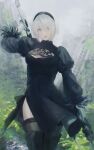  black_dress black_hairband blue_eyes boots chromatic_aberration cleavage_cutout clothing_cutout dress feather-trimmed_sleeves feather_trim forest hairband highres juliet_sleeves katana long_sleeves mole mole_under_mouth nature nier_(series) nier_automata no_blindfold puffy_sleeves rei_(rei_1424) sword thigh-highs thighhighs_under_boots two-sided_dress two-sided_fabric vambraces weapon white_hair yorha_no._2_type_b 