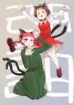  2girls :3 absurdres animal_ears artist_request bad_id bad_twitter_id braid cat_ears cat_tail chen closed_eyes dress earrings full_body green_headwear hat highres jewelry kaenbyou_rin multiple_girls multiple_tails nekomata paw_pose redhead tail touhou twin_braids two_tails 