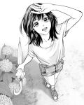  1girl flower from_above full_body greyscale hare-kon. holding holding_umbrella looking_up maezono_koharu monochrome non_(mangaka) open_mouth shirt shoes short_shorts shorts smile sneakers solo t-shirt umbrella 