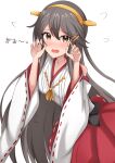  1girl bare_shoulders black_hair blush brown_eyes detached_sleeves fang hair_between_eyes hairband haruna_(kancolle) haruna_kai_ni_(kancolle) headgear highres japanese_clothes kantai_collection long_hair motti_(motthi0711) nontraditional_miko open_mouth red_skirt ribbon-trimmed_sleeves ribbon_trim simple_background skirt solo white_background white_sleeves wide_sleeves 