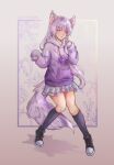  animal_ears flower hood hoodie kaneko_mimi light_purple_hair long_hoodie non-web_source pout shoes skirt sneakers tail thigh-highs violet_eyes wolf_ears wolf_girl wolf_tail 