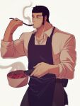  1boy apron blush chest_hair collared_shirt cooking facial_hair feet_out_of_frame frying_pan golden_kamuy highres kon_likes_corn long_sleeves looking_to_the_side male_focus mature_male muscular muscular_male pants shirt short_hair simple_background solo spoon steam stubble tanigaki_genjirou tasting white_background 