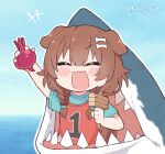  1girl :3 :d ^_^ basketball_jersey blush_stickers chibi closed_eyes commentary english_commentary food hammer holding holding_food holding_hammer hololive inugami_korone kukie-nyan raft_(game) red_tank_top shark shirt short_sleeves smile solo t-shirt tank_top twitter_username virtual_youtuber 