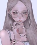  1girl chain collarbone ear_piercing expressionless forehead glasses grey_background grey_camisole grey_eyes grey_nails hair_behind_ear highres jewelry long_hair looking_at_viewer mano_aaa mole mole_under_eye original piercing portrait ring solo 