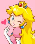  1girl ;o blonde_hair blue_eyes crown dress earrings elbow_gloves gloves guichibo hand_on_own_cheek hand_on_own_face heart highres jewelry one_eye_closed pink_background pink_dress princess_peach smile solo super_mario_bros. white_gloves 