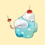 1other :3 among_us blowing cherry crewmate_(among_us) drinking_straw drinking_straw_in_mouth english_commentary food food-themed_creature food_on_head fruit highres ice ice_cream ice_cream_float ice_cube object_on_head simple_background solo standing tenmiyakiyo yellow_background 