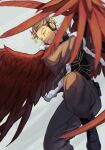  1boy blonde_hair boku_no_hero_academia bomber_jacket boots brown_pantyhose commentary facial_hair feathered_wings feathers gloves goggles hawks_(boku_no_hero_academia) headphones highres holding holding_feather jacket kogu_(nue_insideout) male_focus pantyhose parted_lips red_feathers red_wings short_hair solo spiky_hair stubble symbol-only_commentary tinted_eyewear wings yellow-tinted_eyewear 