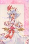  1girl adapted_costume ascot bat_wings blue_hair blush capelet closed_mouth crossed_arms frilled_capelet frilled_skirt frilled_sleeves frills hair_between_eyes highres long_sleeves medium_hair red_eyes remilia_scarlet shin1ar24 shiny shiny_hair skirt solo touhou traditional_media watercolor_pencil_(medium) white_capelet white_headwear white_skirt wings yellow_ascot 