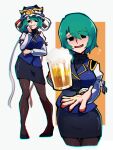  1girl alcohol arm_under_breasts beer_mug black_eyes black_pantyhose black_skirt blue_vest breasts closed_mouth commentary_request cup drunk epaulettes frilled_hat frills green_hair hat highres iganashi1 juliet_sleeves long_sleeves medium_breasts mug multiple_views no_headwear open_mouth outstretched_hand pantyhose pencil_skirt puffy_sleeves shiki_eiki shirt skirt smile touhou vest white_shirt 