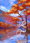  1girl absurdres autumn_leaves barefoot blue_bow blue_dress blue_eyes blue_hair blue_sky bow cirno clouds dress forest full_body hair_bow highres hyoutan_tan ice ice_wings mountain nature outdoors pinafore_dress reflection reflective_water scenery shirt short_hair short_sleeves sky solo touhou tree white_shirt wings 