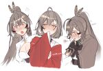  1girl ahoge bangs blush brown_capelet brown_cloak brown_eyes brown_hair capelet cloak eus_ing feather_hair_ornament feathers gloves hair_ornament hololive hololive_english long_hair multicolored_hair nanashi_mumei ponytail shirt short_hair streaked_hair very_long_hair virtual_youtuber white_background 