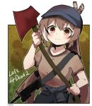  1girl ahoge axe bangs baseball_cap black_pants blood blood_splatter brown_eyes brown_hair brown_shirt clothes_around_waist feather_hair_ornament feathers gun gyaheung hair_ornament hat holding holding_axe hololive hololive_english jacket jacket_around_waist left_4_dead_2 long_hair multicolored_hair nanashi_mumei pants ponytail rifle shirt shoulder_strap smile streaked_hair t-shirt very_long_hair virtual_youtuber weapon 