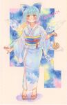  1girl blue_bow blue_eyes blue_hair blue_kimono blush bow cirno detached_wings full_body hair_between_eyes hair_bow highres ice ice_wings japanese_clothes kimono long_sleeves looking_at_viewer open_mouth painting_(medium) sandals shin1ar24 short_hair solo standing teeth touhou traditional_media watercolor_(medium) watercolor_pencil_(medium) wide_sleeves wings yukata 