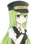  alina_gray aqua_eyes black_headwear black_necktie black_vest blunt_ends breasts brooch collar cross_tie detached_collar fur_cuffs gem green_gemstone green_hair hair_between_eyes hat highres jewelry lapels looking_at_viewer magia_record:_mahou_shoujo_madoka_magica_gaiden magical_girl mahou_shoujo_madoka_magica mochiko_(uyu_omochi) multicolored_hair necktie notched_lapels peaked_cap puffy_short_sleeves puffy_sleeves see-through see-through_sleeves short_sleeves sidelocks simple_background sleeve_cuffs small_breasts smile straight_hair streaked_hair v-neck vest white_collar white_sleeves 