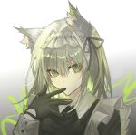  1girl absurdres animal_ear_fluff animal_ears arknights bangs black_gloves black_ribbon cat_ears closed_mouth gloves gradient gradient_background green_eyes grey_background grey_hair hair_ribbon highres kal&#039;tsit_(arknights) long_sleeves looking_at_viewer maid maid_headdress official_alternate_costume ribbon short_hair solo strawberry_flower upper_body 