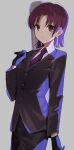  1girl bangs bazett_fraga_mcremitz black_gloves black_pants black_suit buttons closed_mouth commentary_request earrings fate/hollow_ataraxia fate_(series) formal gloves grey_background highres jewelry long_sleeves looking_at_viewer mole mole_under_eye necktie pants parted_bangs purple_hair purple_necktie rizu033 shirt simple_background solo suit violet_eyes white_shirt 