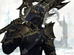  1other ambiguous_gender armor blurry blurry_background breastplate chinese_commentary commentary_request covered_mouth dark_knight_(final_fantasy) day final_fantasy final_fantasy_xiv fray_myste full_armor gauntlets greatsword hand_up helm helmet holding holding_sword holding_weapon looking_afar looking_to_the_side outdoors over_shoulder pauldrons shoulder_armor solo sword upper_body weapon weapon_over_shoulder wysswyrst yellow_eyes 