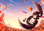  1girl :d album_cover bangs black_hair black_wings camera collared_shirt cover feathered_wings flying frilled_skirt frills geta hand_fan hat hauchiwa highres holding holding_camera holding_fan kneehighs leaf looking_back maple_leaf miruki mountain neck_ribbon open_mouth orange_eyes outdoors pointy_ears pom_pom_(clothes) ribbon shameimaru_aya shirt short_hair skirt sky smile socks solo sunset tengu tengu-geta tokin_hat touhou wings 