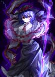 1girl ascot bangs black_background black_headwear black_skirt capelet collared_shirt frilled_shawl frills hat highres lightning long_skirt looking_at_viewer nagae_iku purple_hair red_ascot red_eyes shawl shirt short_hair skirt solo touhou vivo_(vivo_sun_0222) white_capelet white_shirt