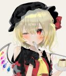  1girl alternate_costume alternate_headwear ascot bare_shoulders black_headwear blonde_hair blush flandre_scarlet food fork hat highres holding holding_fork holding_plate looking_at_viewer medium_hair mob_cap multicolored_wings name_connection nano_(nazuna0512) object_namesake one_eye_closed plate pudding red_eyes red_vest simple_background solo touhou upper_body vest wings yellow_ascot 