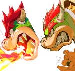  2boys angry bangs bowser bowser_jr. breathing_fire fang fire flying_sweatdrops from_side grey_background horns jiiniix male_focus multiple_boys multiple_views open_mouth redhead sharp_teeth short_hair simple_background super_mario_bros. teeth tongue 