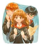  1girl 2boys black_hair black_robe blue_eyes brown_eyes brown_hair clenched_hand freckles glasses green_eyes harry_potter harry_potter_(series) hermione_granger hogwarts_school_uniform hood hood_down long_hair magic moekon multiple_boys necktie orange_hair robe ron_weasley school_uniform striped_necktie upper_body wand wavy_hair 