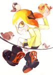  1girl agent_4_(splatoon) animal animal_on_head arm_up bird bird_on_head black_footwear black_shorts blonde_hair d: eurasian_tree_sparrow food headgear highres holding holding_food inari1369 inkling inkling_girl long_sleeves on_head open_mouth power_lines short_hair shorts shrimp shrimp_tempura sitting snow_boots sparrow splatoon_(series) splatoon_2 squidbeak_splatoon suction_cups tempura tentacle_hair yellow_eyes 