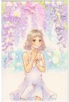  1girl bare_shoulders brown_eyes brown_hair closed_mouth collarbone cowboy_shot dated dress floral_background flower highres medium_hair original purple_flower shin1ar24 smile solo sundress traditional_media watercolor_pencil_(medium) white_dress 