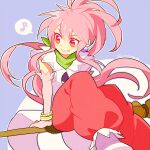  1girl arche_klein belt bracelet broom earrings elbow_gloves feet_out_of_frame gloves jewelry long_hair nns146 pants pink_eyes pink_hair pink_pants pointy_ears ponytail simple_background sitting smile solo tales_of_(series) tales_of_phantasia wide_ponytail 