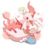  1girl ? arm_up bird black_eyes blue_overalls blush bow brown_hair chibi commentary_request fire from_behind full_body hat hat_bow heart hug lowres lyra_(pokemon) medium_hair moltres overalls pecking pokemon pokemon_(creature) pokemon_(game) pokemon_hgss red_bow red_shirt romaji_text shira_(sirairo116) shirt sitting sketch solid_circle_eyes speech_bubble spoken_question_mark thigh-highs translation_request twintails white_background white_headwear white_thighhighs 