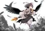  1girl absurdres bird_wings black_gloves black_hair black_wings camera feathered_wings feathers fingerless_gloves geta gloves hand_fan hat hauchiwa highres holding holding_fan japanese_clothes kawayabug pom_pom_(clothes) red_eyes red_headwear shameimaru_aya short_hair solo thigh-highs tokin_hat touhou white_thighhighs wings 