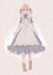  1girl apron arms_at_sides blue_dress boots brown_footwear commentary dress frilled_apron frilled_dress frills full_body hair_ribbon highres kagerou_project kozakura_marry long_hair open_mouth pink_eyes pink_ribbon ribbon short_sleeves smile solo very_long_hair white_apron white_hair 