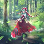  black_boots dress forest full_body green_hair highres kagiyama_hina realistic red_ribbon tagme 