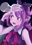  1girl black_dress black_sclera blush colored_sclera colored_skin demon_girl disembodied_limb dress headpat long_hair looking_at_viewer musume_(yuunama) open_mouth pointy_ears purple_hair purple_skin sg_(esujii) side_ponytail sleeveless sleeveless_dress v v_yuusha_no_kuse_ni_namaiki_da_r yuusha_no_kuse_ni_namaiki_da 