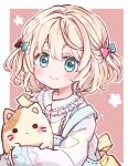  1girl animal back_bow bangs blonde_hair blue_eyes blush bow cat center_frills child female_child frilled_shirt_collar frills hacosumi hair_bow highres holding holding_animal holding_cat long_sleeves looking_at_viewer original short_hair sleeves_past_wrists smile solo suspenders 