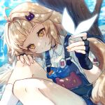  1girl ahoge bangs blonde_hair close-up fingerless_gloves gloves hair_ornament hairclip highres jewelry long_hair looking_at_viewer nakaba_(mode) necklace outdoors overalls shirli_(tower_of_fantasy) shirt sitting smile thighs tower_of_fantasy twintails white_shirt yellow_eyes 