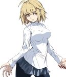  1girl absurdres antenna_hair arcueid_brunestud blonde_hair blue_skirt breasts cowboy_shot fingernails hair_intakes highres large_breasts long_fingernails long_sleeves looking_at_viewer miniskirt open_mouth pantyhose pleated_skirt red_eyes red_nails shirt simple_background skirt smile solo standing tsukihime ttumupen white_background white_shirt 