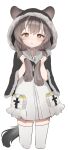  1girl :&lt; absurdres animal_ears arknights bangs black_cloak blush brown_hair cloak commentary_request cropped_legs dress ears_through_headwear fur-trimmed_cloak fur-trimmed_hood fur_trim hair_between_eyes hands_up highres holding holding_hair honeyberry_(arknights) hood hood_up hooded_cloak long_hair looking_at_viewer mang multicolored_hair parted_lips simple_background solo streaked_hair tail thigh-highs triangle_mouth white_background white_dress white_hair white_thighhighs yellow_eyes 