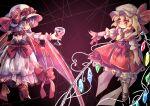  2girls back_bow bat_wings blonde_hair blue_hair bow cup dark_background drinking_glass flandre_scarlet frilled_sleeves frills from_behind full_body gradient gradient_background hair_between_eyes hat hat_ribbon highres holding holding_cup looking_at_another mame_komari mary_janes medium_hair mob_cap multicolored_wings multiple_girls red_bow red_eyes red_ribbon remilia_scarlet ribbon shirt shoes short_hair short_sleeves side_ponytail simple_background socks touhou white_headwear white_shirt white_socks wine_glass wings wrist_cuffs wrist_ribbon 