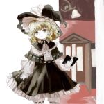 1girl black_capelet black_headwear black_skirt blonde_hair book capelet closed_mouth commentary_request empty_eyes frilled_hat frills hat highres holding holding_book kirisame_marisa lace_trim long_sleeves medium_hair pale_skin shirt skirt smile solo t_(lq8dph) touhou white_shirt witch_hat yellow_eyes 