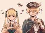  &gt;_&lt; 1boy 1girl 55tnm :p blonde_hair blue_bow blue_bowtie blue_cape blue_ribbon bow bowtie brother_and_sister brown_background brown_headwear cabbie_hat candy cape chocolate choker coffee commentary cup dress food frilled_choker frills goggles goggles_on_headwear hair_ribbon hat heart heart-shaped_chocolate holding holding_cup holding_food holding_plate long_hair long_sleeves plate project_sekai ribbon siblings simple_background tenma_saki tenma_tsukasa tongue tongue_out translated upper_body very_long_hair white_choker white_dress 
